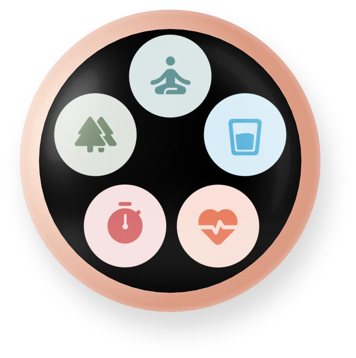 Spirit's user interface showing 5 of its primary features, and how each of them has an icon that can be filled up or depleted based on one's progress within that feature: for example, the hydration icon fills up when enough water is taken that day. 