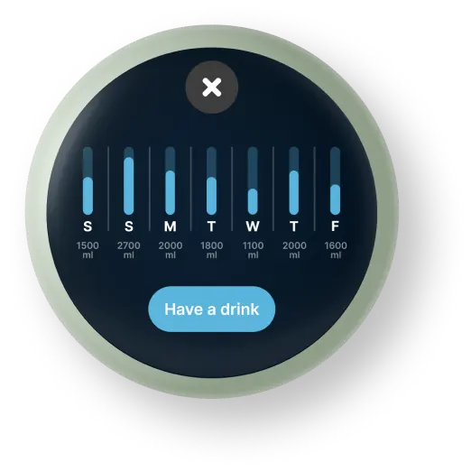 Spirit user interface showing the last 7 days of water intake, and a button that lets one record a new drink to add to today's intake. 