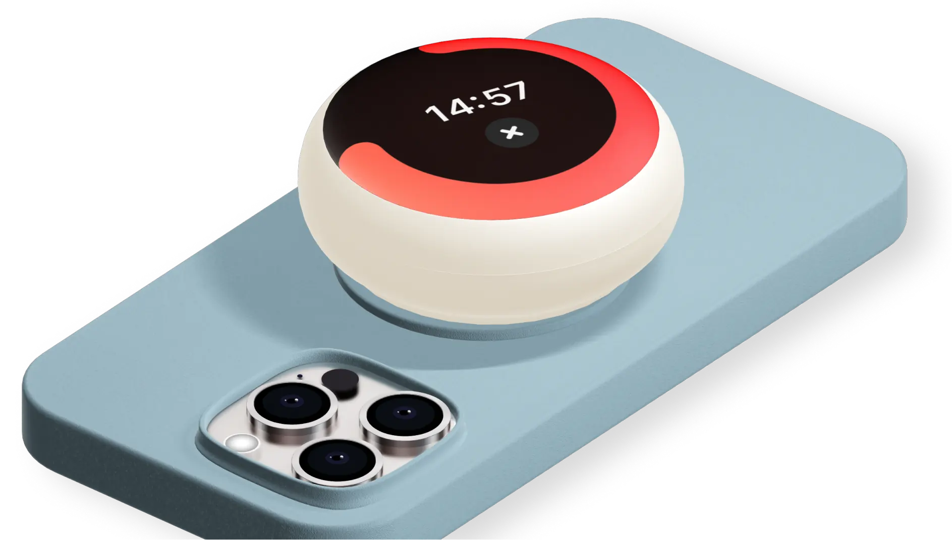 Spirit device is mounted on the back of an iPhone, with a magsafe disc between them. Spirit's user interface is displaying a timer with a countdown, acting as a physical 'time-out' for phone usage.
