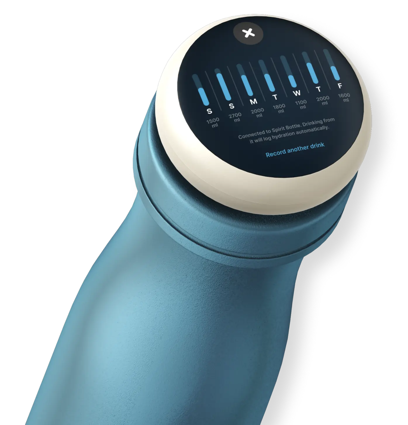 Spirit device firmly attached to the top of an aluminium Spirit bottle. The fit between the two of them are snug. Spirit is showing a bar chart displaying the amount of water drank in the past week. 